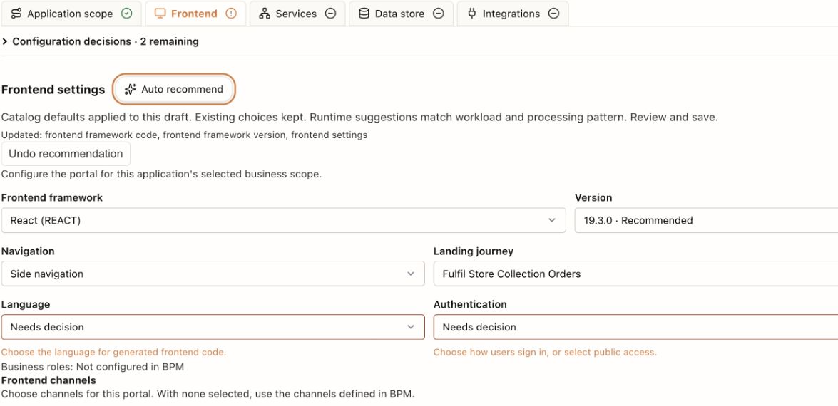 Frontend settings: framework, version, navigation, landing journey, language, and authentication.