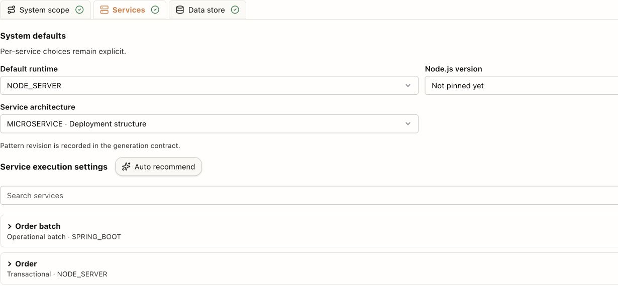 Services: inspect the default and per-service settings; finish any unpinned runtime version.