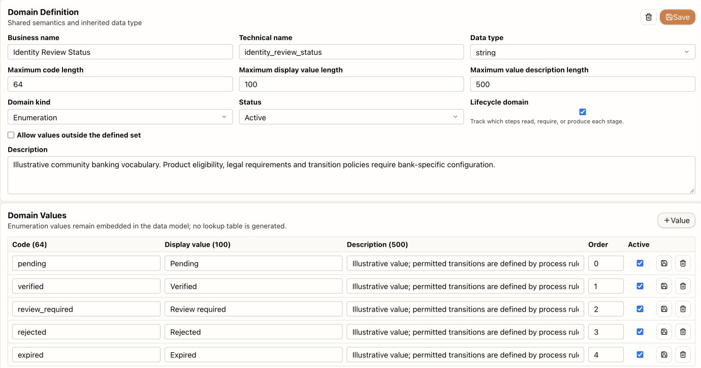 Data Domain: definition, type, lifecycle setting, and allowed values in the banking demo.