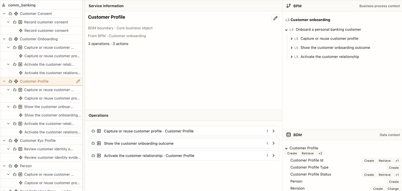 Service Modelling: service operations alongside named BPM and BDM context.