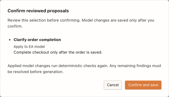 Final confirmation: check the selected proposal before saving model changes.