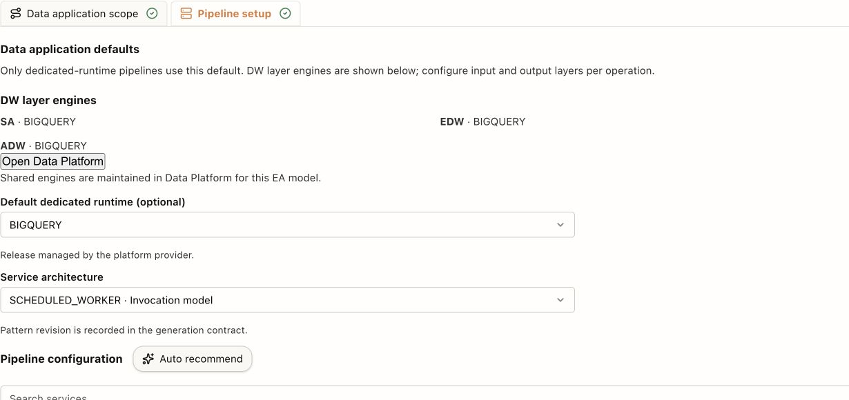 Pipeline setup: review inherited layer engines and explicit runtime and processing settings.