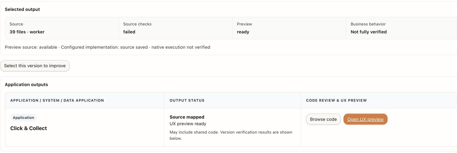 Demo output review: Browse code and Open UX preview are separate actions. This saved result has failed source checks despite a ready preview.