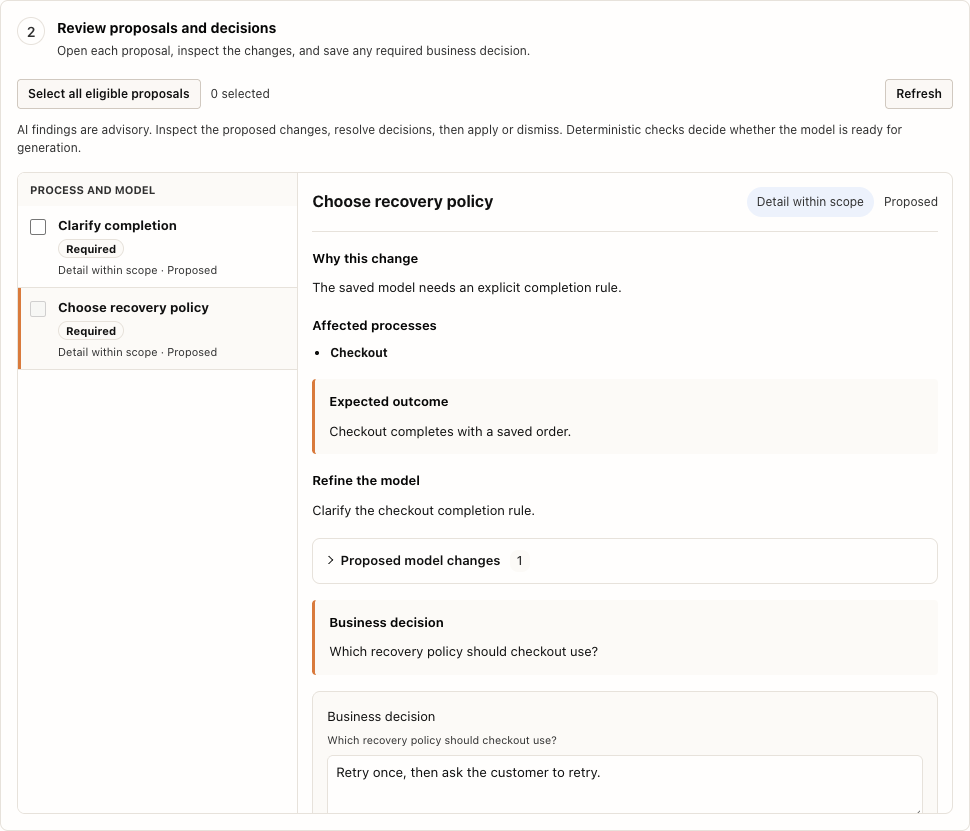 Proposal review: inspect a suggestion and record a required business decision.