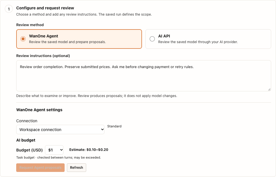 Optional AI review: select the method and enter instructions before requesting proposals.