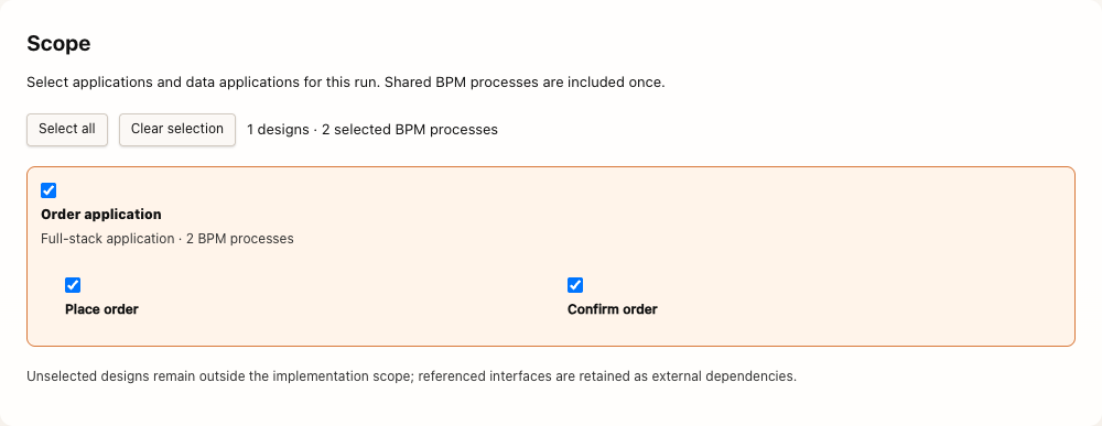 Scope: include a design, then select its business processes.