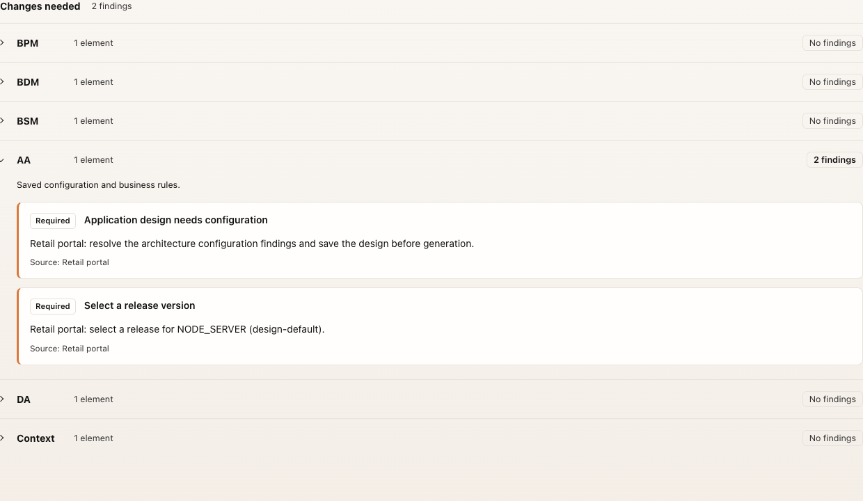 Validation: required findings are grouped under the relevant architecture section.