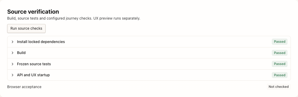 Example source checks: each result has its own status; browser acceptance remains Not checked.